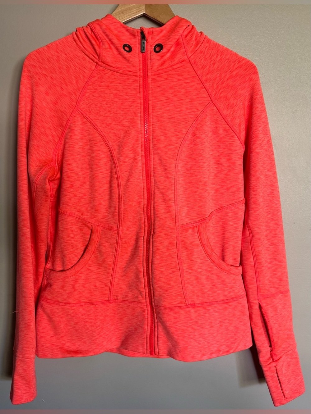 Athleta Women’s Medium Neon Coral Fleece Lined Zip Hoodie Thumbhole Jacket